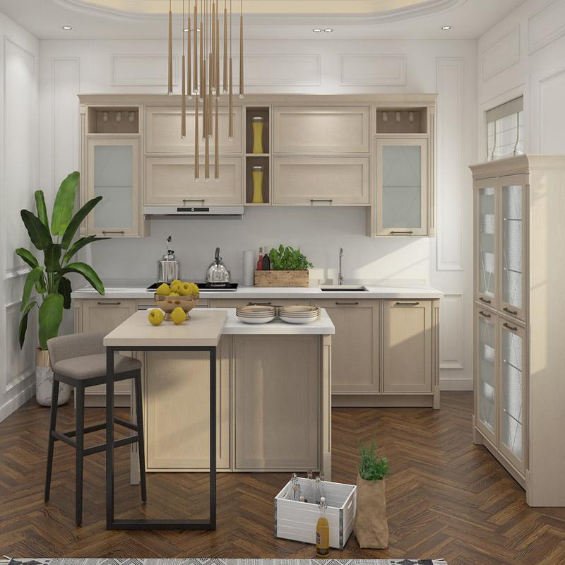 Armoire de cuisine en PVC de conception de luxe de couleur beige classique avec accessoires de rangement