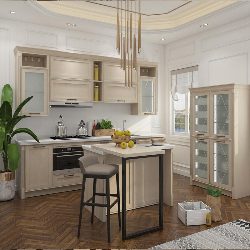 Armoire de cuisine en PVC de conception de luxe de couleur beige classique avec accessoires de rangement
